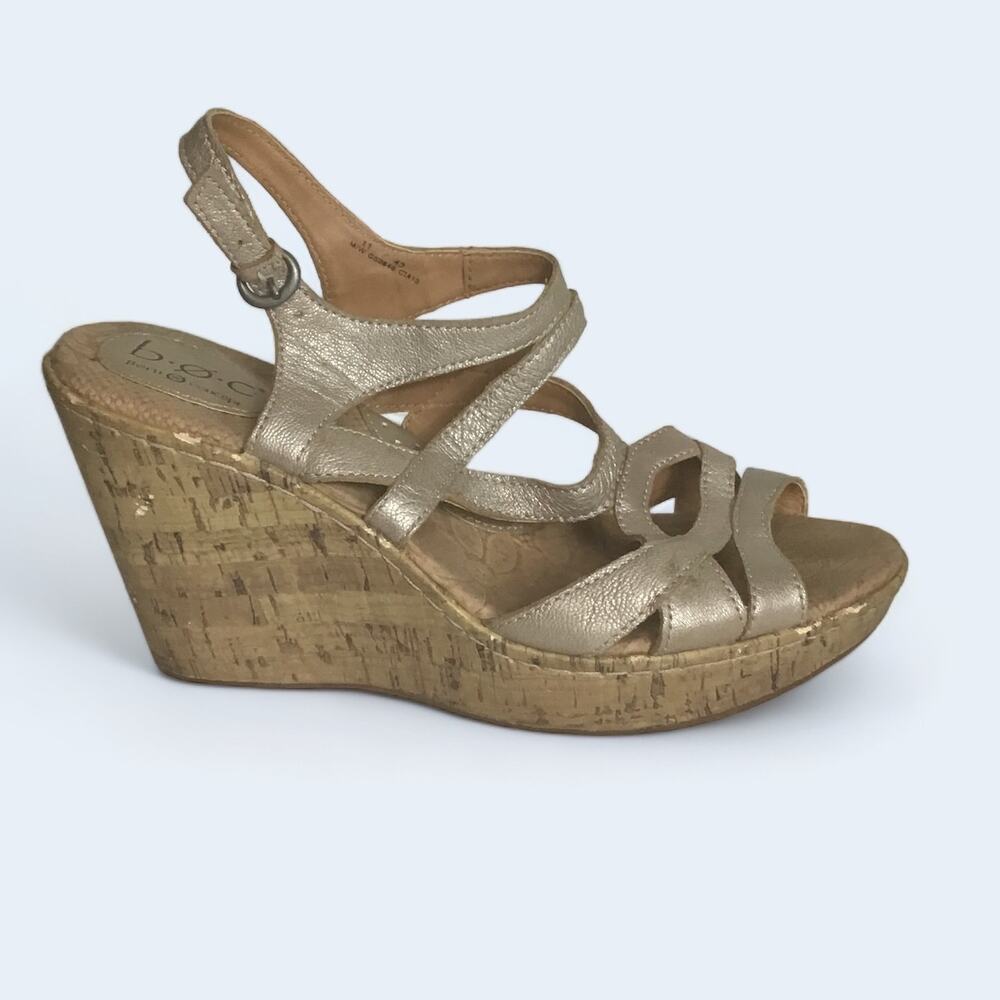 B.O.C Women’s Chyna Gold Cork Wedge Strappy  Sandals Sz.  11 EUC  (Flaw)